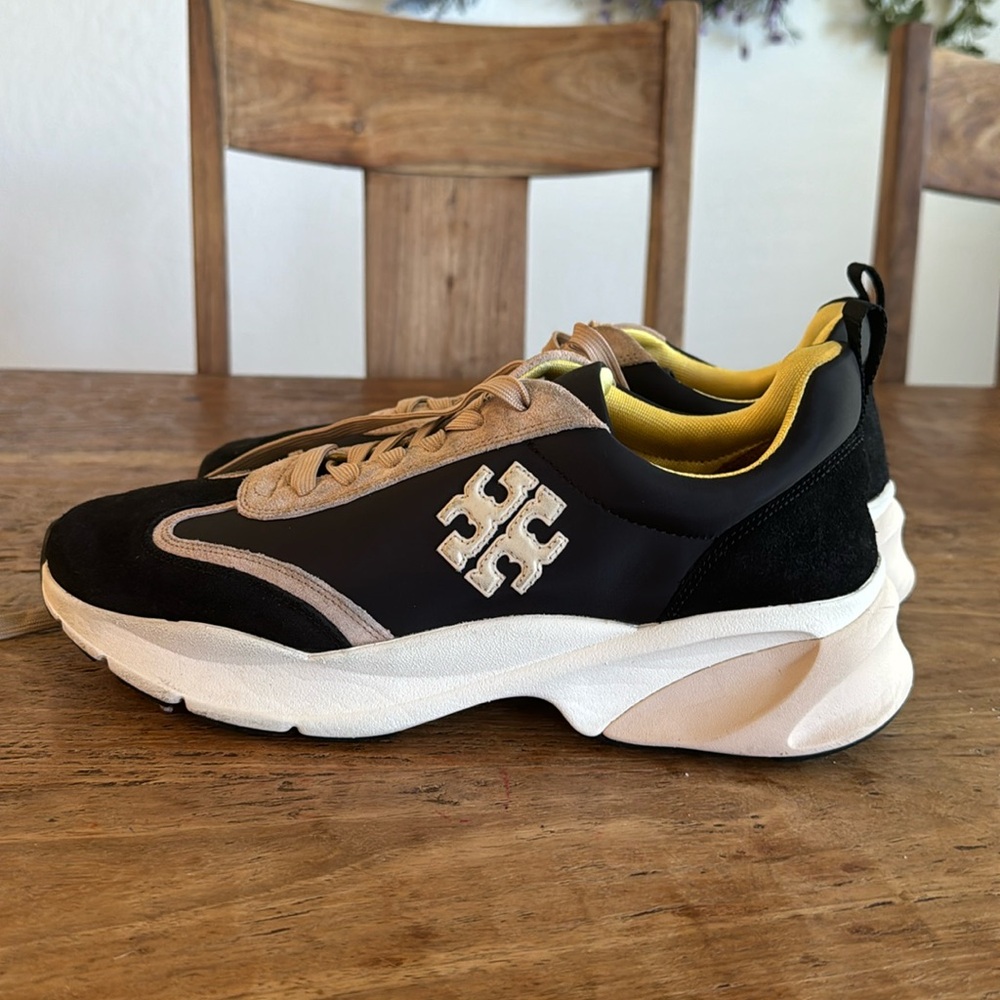 Tory Burch Good Luck 13095 Black Beige Lace-Up Sneaker Womens Shoes Size 11